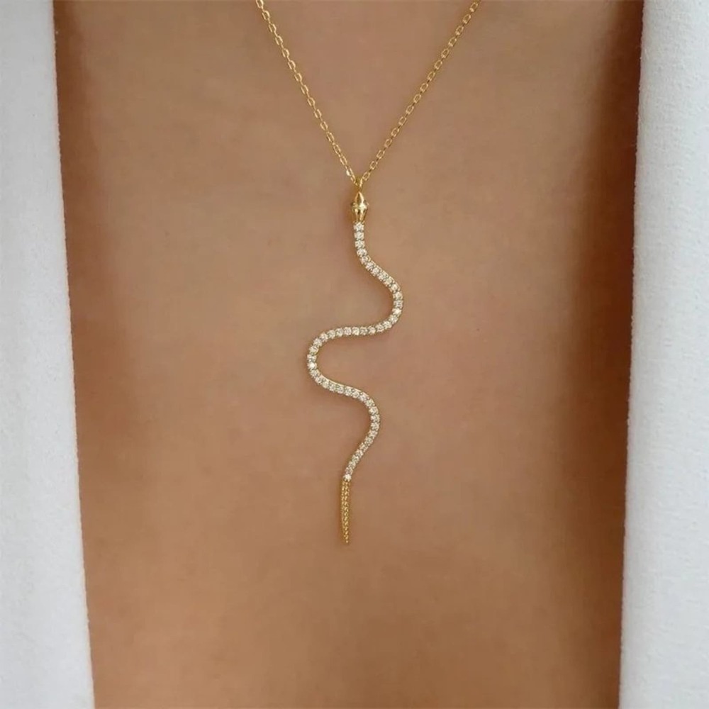 Boho Festival Serpent Snake Pendant Necklace Chain Gold Tone Clear Stone A0118